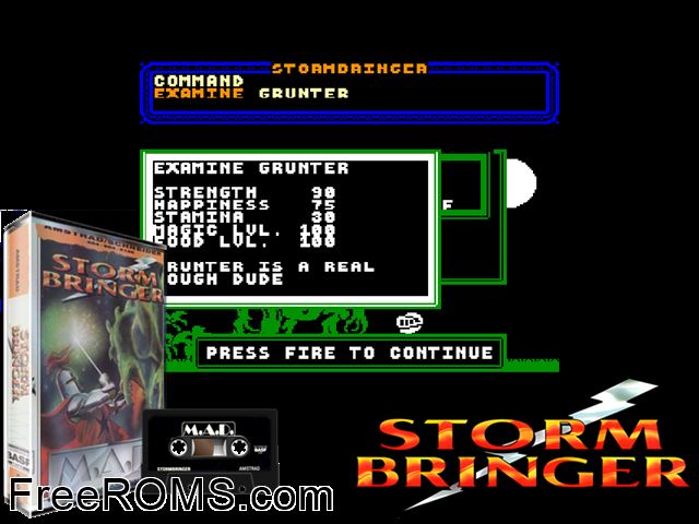 Stormbringer - A True Graphic Adventure (UK) (1987) [t1] Amstrad CPC game showing 3D box cover and gameplay screenshot